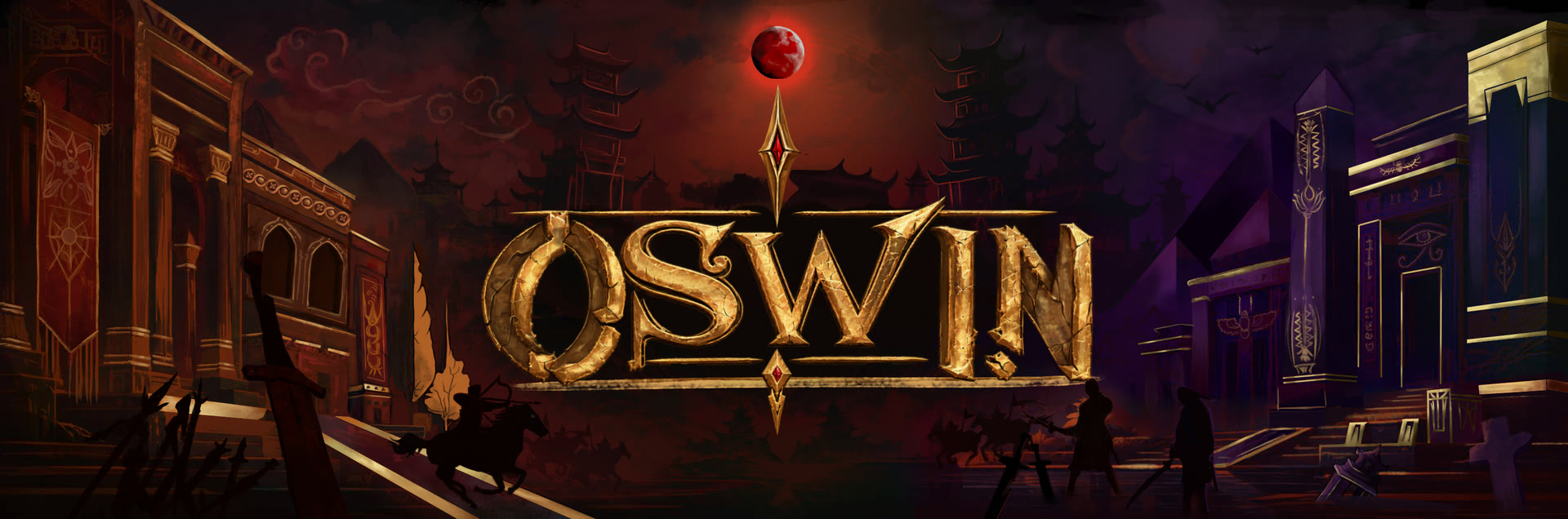 Oswin logo over a painted city at dusk